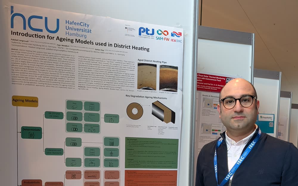 Pakdad Langroudi beside his ISEC 2026 poster, “Introduction for Ageing Models used in District Heating”